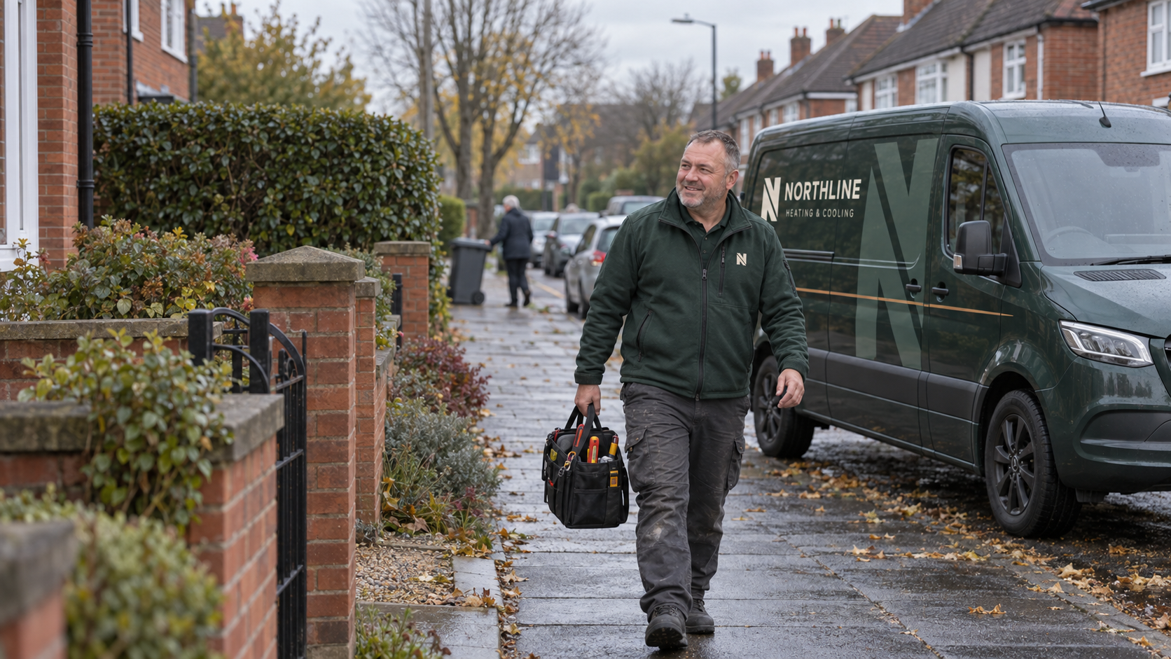 Northline engineer arriving at a home beside the branded van