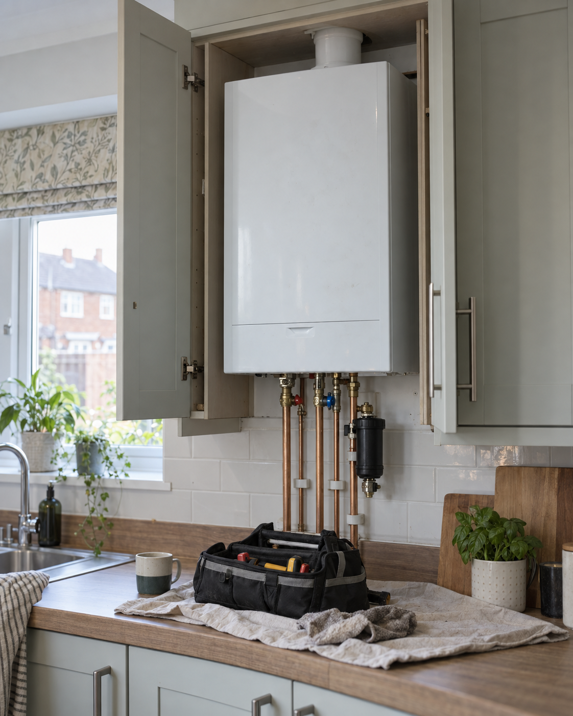 Wall-hung combi boiler in an open kitchen cupboard